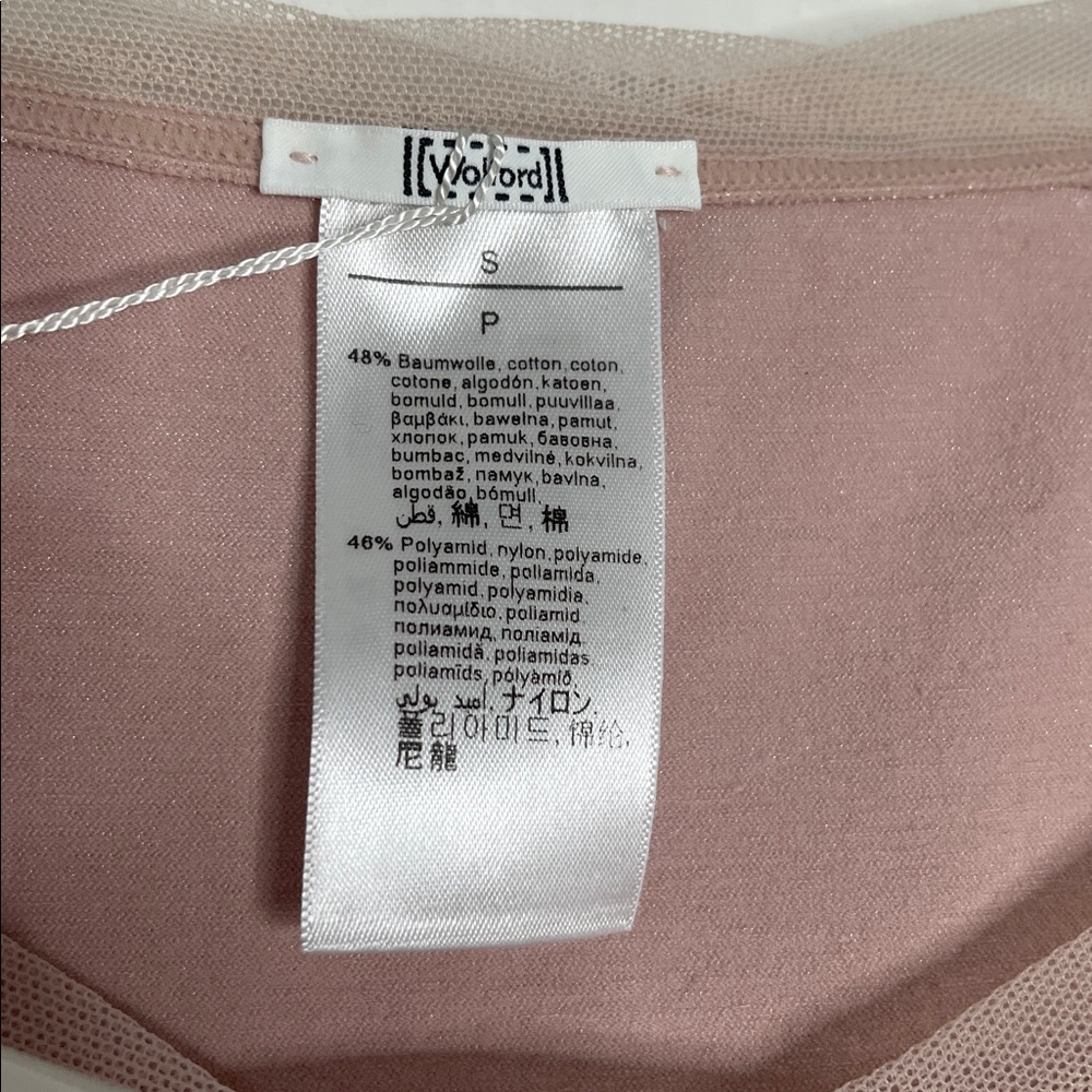 New Wolford Pink Nude Short Sleeve Scoop Tulle Trim Neck Stretch Top Size Small - Picture 3 of 5